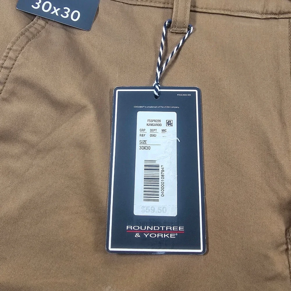 Roundtree & Yorke 30x30 Brown Coolmax Straight Leg Flat Front Chino Pants 1600